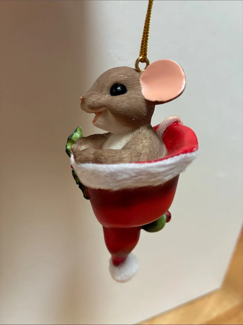 Enesco Brown Mouse in Red Stocking Ornament with White Trim and Green Holly